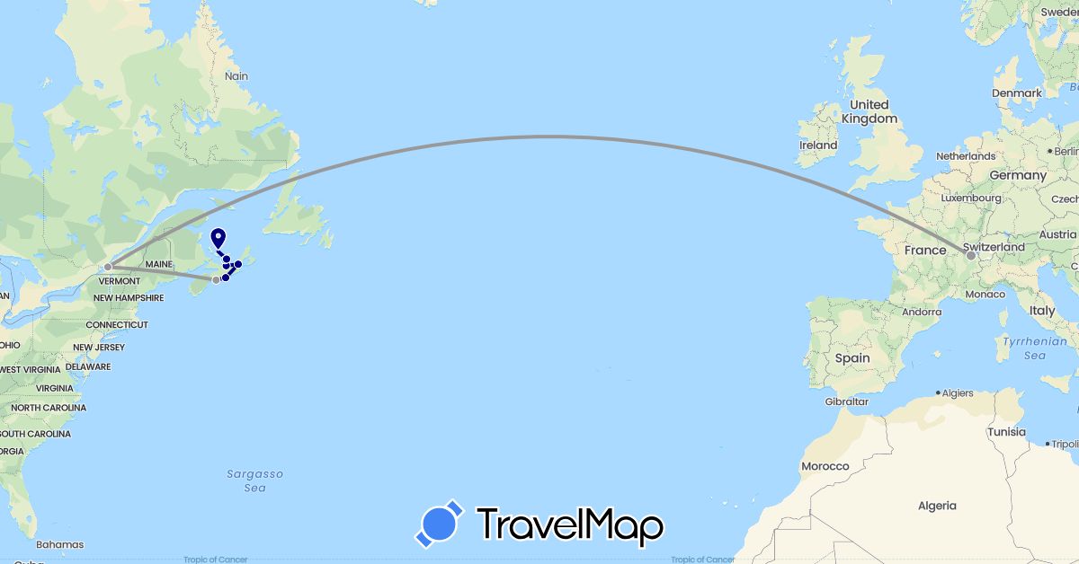 TravelMap itinerary: driving, plane, boat in Canada, Switzerland (Europe, North America)